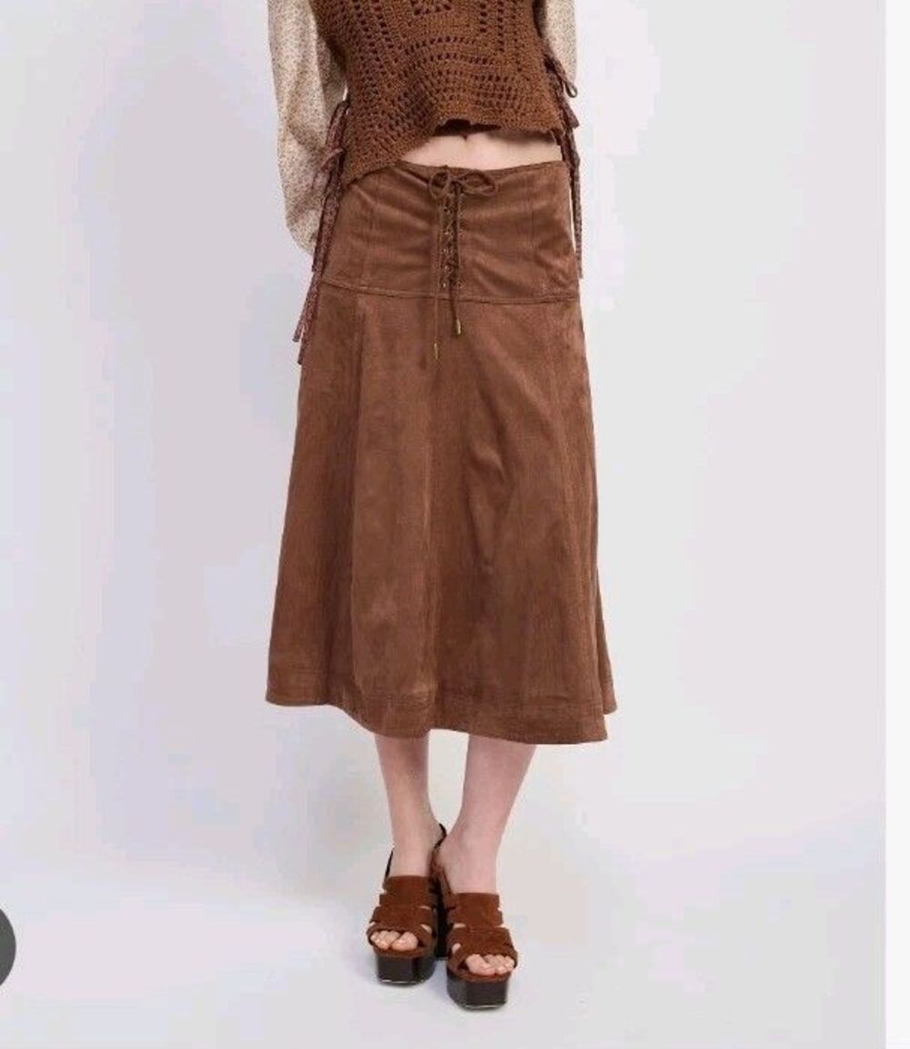Jacquie the Label Cordelia Brown Faux Suede Lace-Up Midi Skirt S Western Boho